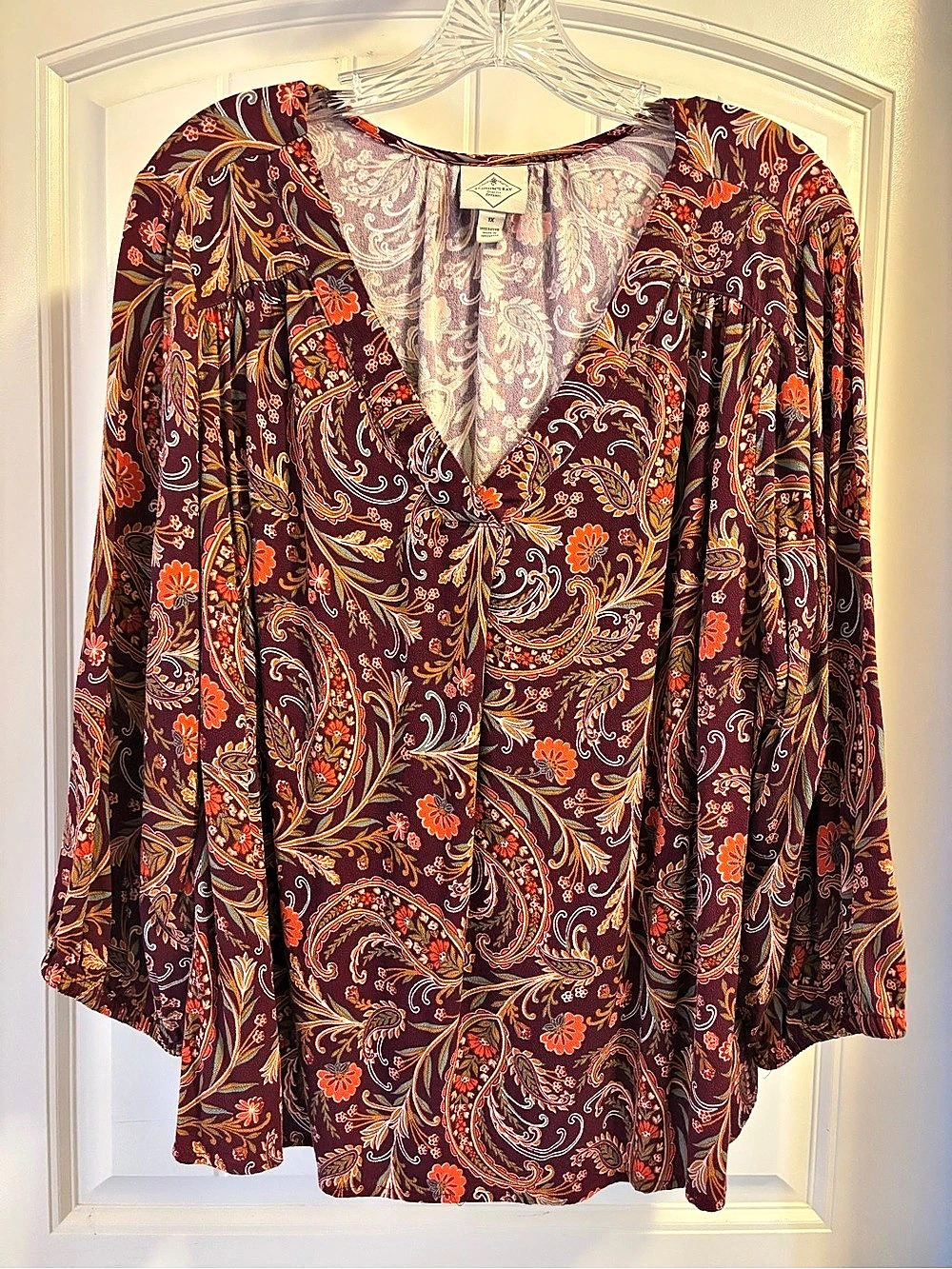 St. Johns Bay Paisley V-Neck Blouse in Brown & Orange Size 1X Like New